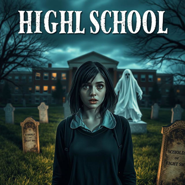 A haunting cover design featuring a high school in the background, slightly blurred to emphasize its eerie presence