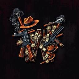 An artistic representation of the letter 'W' intricately composed of various mafia elements, such as tommy guns, fedora hats, cigar smoke, and stacks of cash