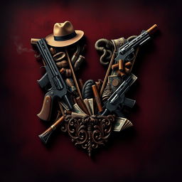 An artistic representation of the letter 'W' intricately composed of various mafia elements, such as tommy guns, fedora hats, cigar smoke, and stacks of cash