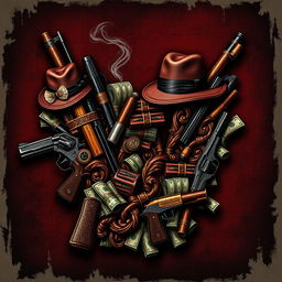 An artistic representation of the letter 'W' intricately composed of various mafia elements, such as tommy guns, fedora hats, cigar smoke, and stacks of cash