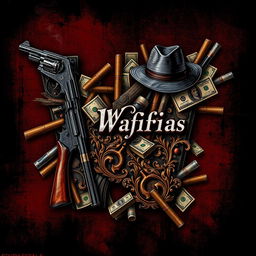 An artistic representation of the letter 'W' intricately composed of various mafia elements, such as tommy guns, fedora hats, cigar smoke, and stacks of cash