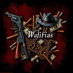 An artistic representation of the letter 'W' intricately composed of various mafia elements, such as tommy guns, fedora hats, cigar smoke, and stacks of cash