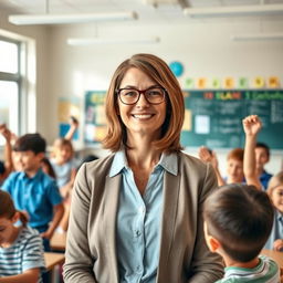 A portrait of a wise and inspiring female teacher standing in front of a classroom filled with bright students