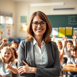 A portrait of a wise and inspiring female teacher standing in front of a classroom filled with bright students