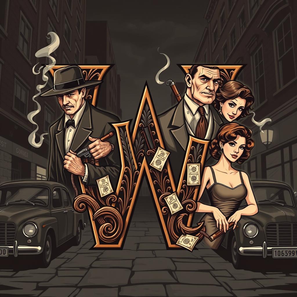 A stylized letter 'W' intricately designed with detailed illustrations of various mafia gangsters surrounding it