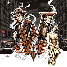 A stylized letter 'W' intricately designed with detailed illustrations of various mafia gangsters surrounding it