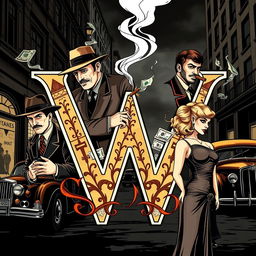 A stylized letter 'W' intricately designed with detailed illustrations of various mafia gangsters surrounding it