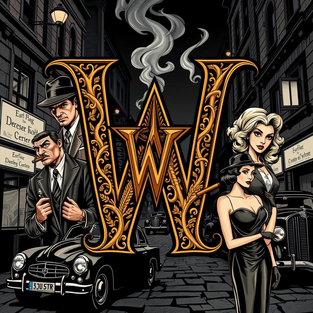 A stylized letter 'W' intricately designed with detailed illustrations of various mafia gangsters surrounding it