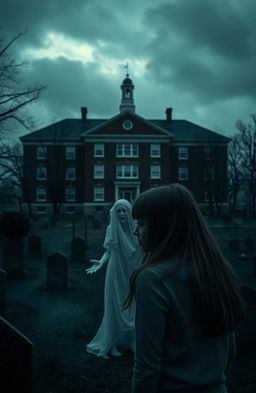 A school building in the background, seen from a distance, situated above a cemetery