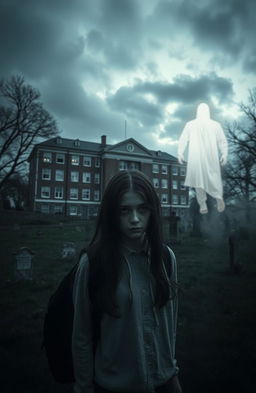 A school building in the background, seen from a distance, situated above a cemetery