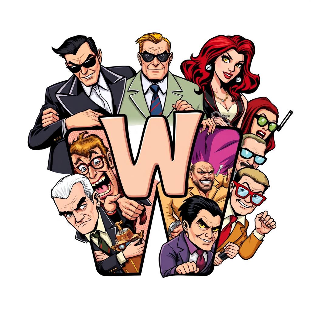 A vibrant letter 'W' composed of detailed illustrations of various comic-style mafia characters arranged around it