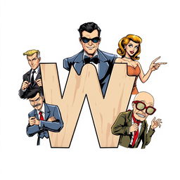 A vibrant letter 'W' composed of detailed illustrations of various comic-style mafia characters arranged around it