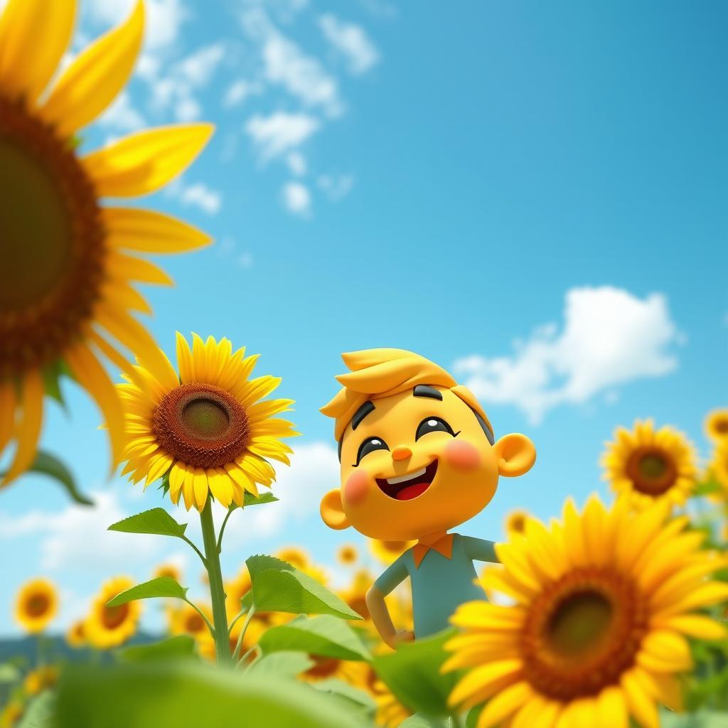 A playful 3D cartoon character enjoying a sunny day, positioned in a lush field filled with sunflowers