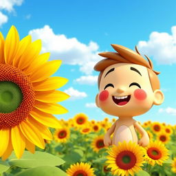 A playful 3D cartoon character enjoying a sunny day, positioned in a lush field filled with sunflowers