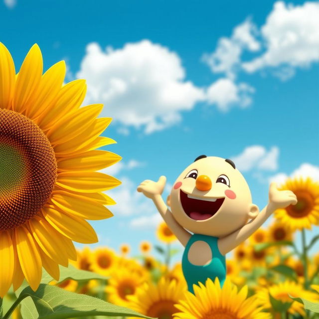 A playful 3D cartoon character enjoying a sunny day, positioned in a lush field filled with sunflowers