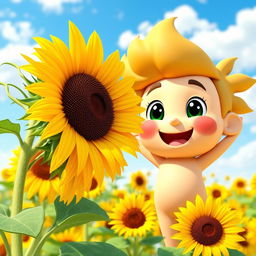 A playful 3D cartoon character enjoying a sunny day, positioned in a lush field filled with sunflowers