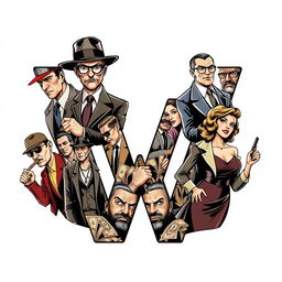 A stylized letter 'W' intricately composed of detailed illustrations of various mafia gangsters arranged around it, set against a clean white background