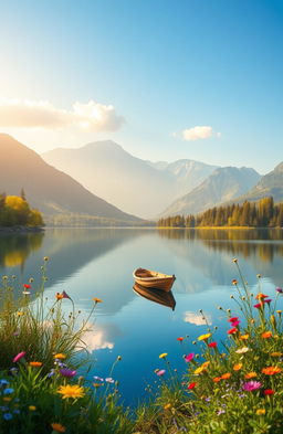 A serene and peaceful landscape representing the concept of patience, featuring a calm lake reflecting the clear blue sky, surrounded by lush green trees and gently swaying wildflowers in various colors