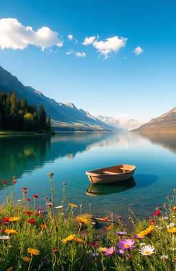 A serene and peaceful landscape representing the concept of patience, featuring a calm lake reflecting the clear blue sky, surrounded by lush green trees and gently swaying wildflowers in various colors