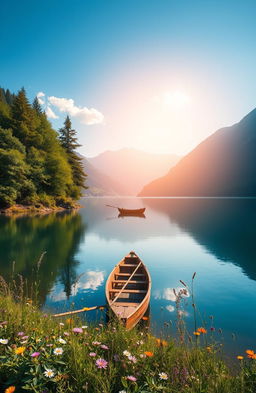 A serene and peaceful landscape representing the concept of patience, featuring a calm lake reflecting the clear blue sky, surrounded by lush green trees and gently swaying wildflowers in various colors