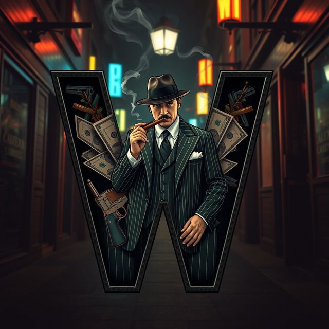 A stylized letter 'W' designed with intricate details, the inner spaces of the letter filled creatively with a depiction of a mafia gangster dressed in a classic pinstripe suit