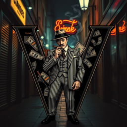 A stylized letter 'W' designed with intricate details, the inner spaces of the letter filled creatively with a depiction of a mafia gangster dressed in a classic pinstripe suit