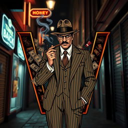 A stylized letter 'W' designed with intricate details, the inner spaces of the letter filled creatively with a depiction of a mafia gangster dressed in a classic pinstripe suit