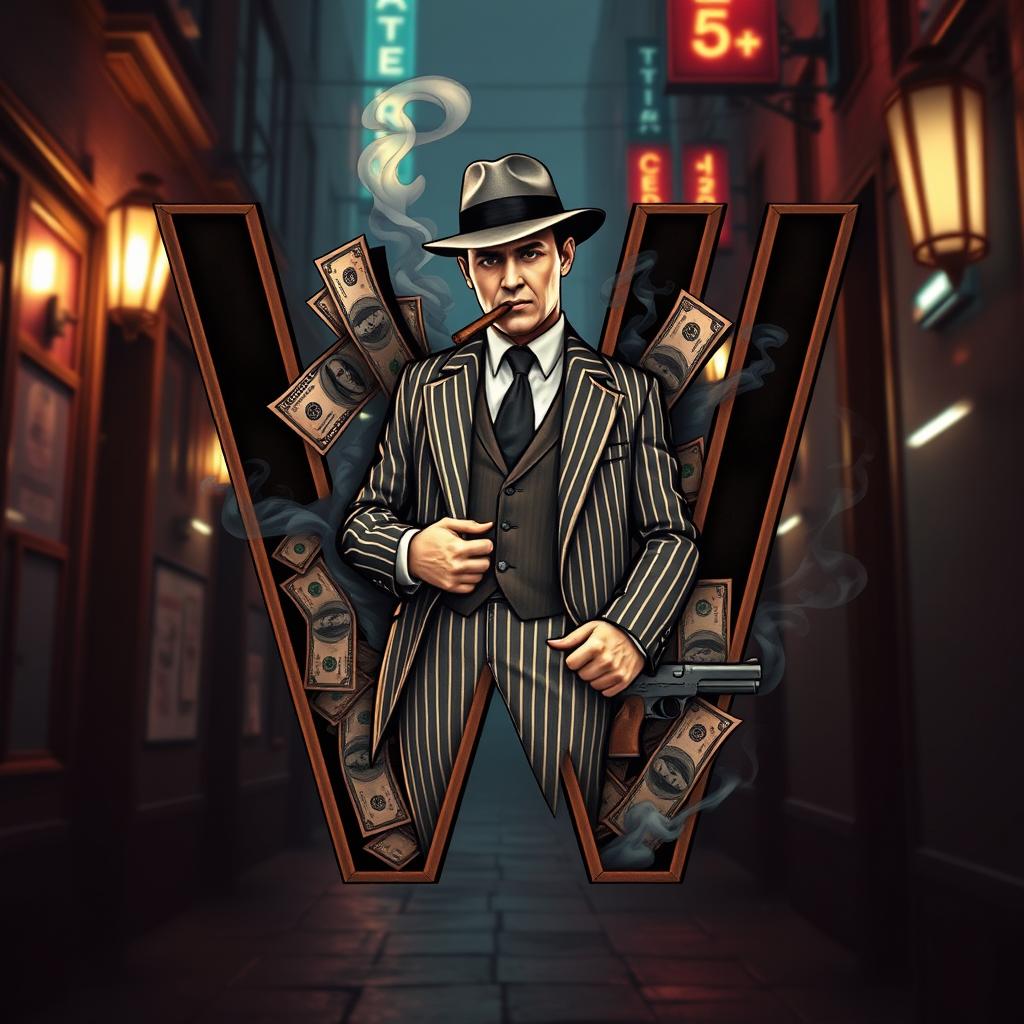 A stylized letter 'W' designed with intricate details, the inner spaces of the letter filled creatively with a depiction of a mafia gangster dressed in a classic pinstripe suit