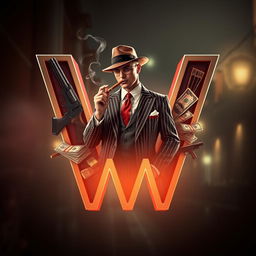 A dynamic letter 'W' designed with creative flair, its inner space filled with a vivid portrayal of a mafia gangster