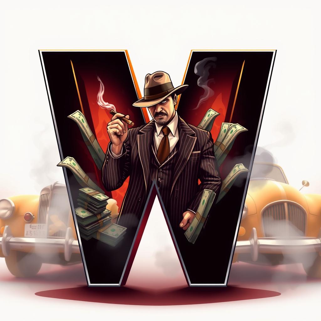 A large stylized letter 'W' with its inner space creatively filled with a dynamic scene featuring a mafia gangster