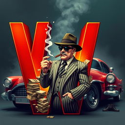 A large stylized letter 'W' with its inner space creatively filled with a dynamic scene featuring a mafia gangster