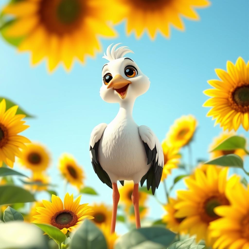 A charming 3D cartoon character of a little stork with black eyes, adorned in white and black feathers