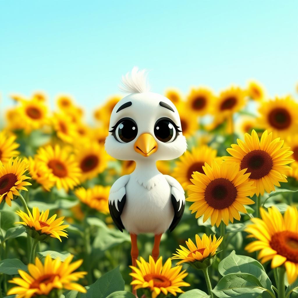 A charming 3D cartoon character of a little stork with black eyes, adorned in white and black feathers