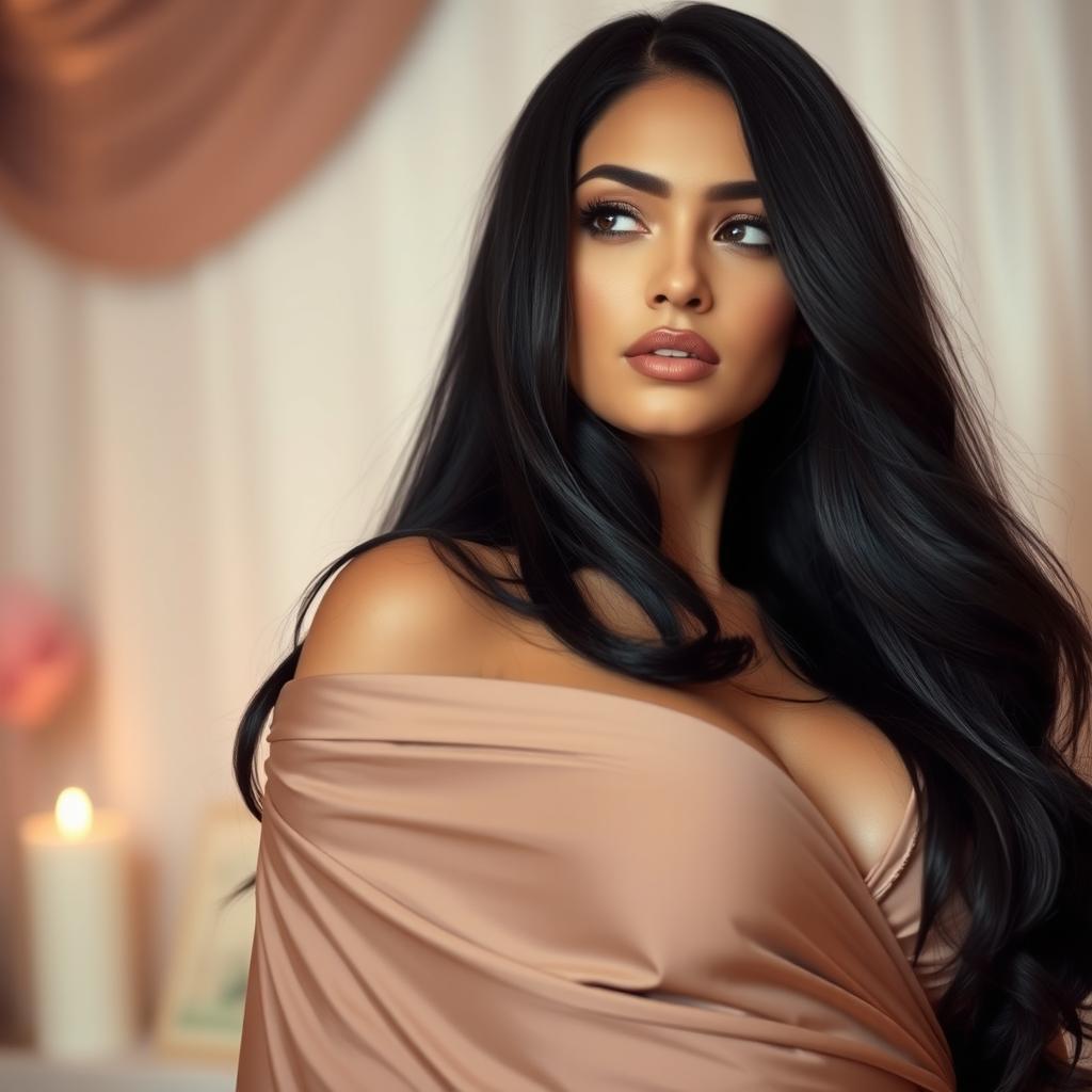 A beautiful woman with long, glossy black hair, elegantly draped in a flowing fabric that accentuates her curves, showcasing a tasteful deep neckline