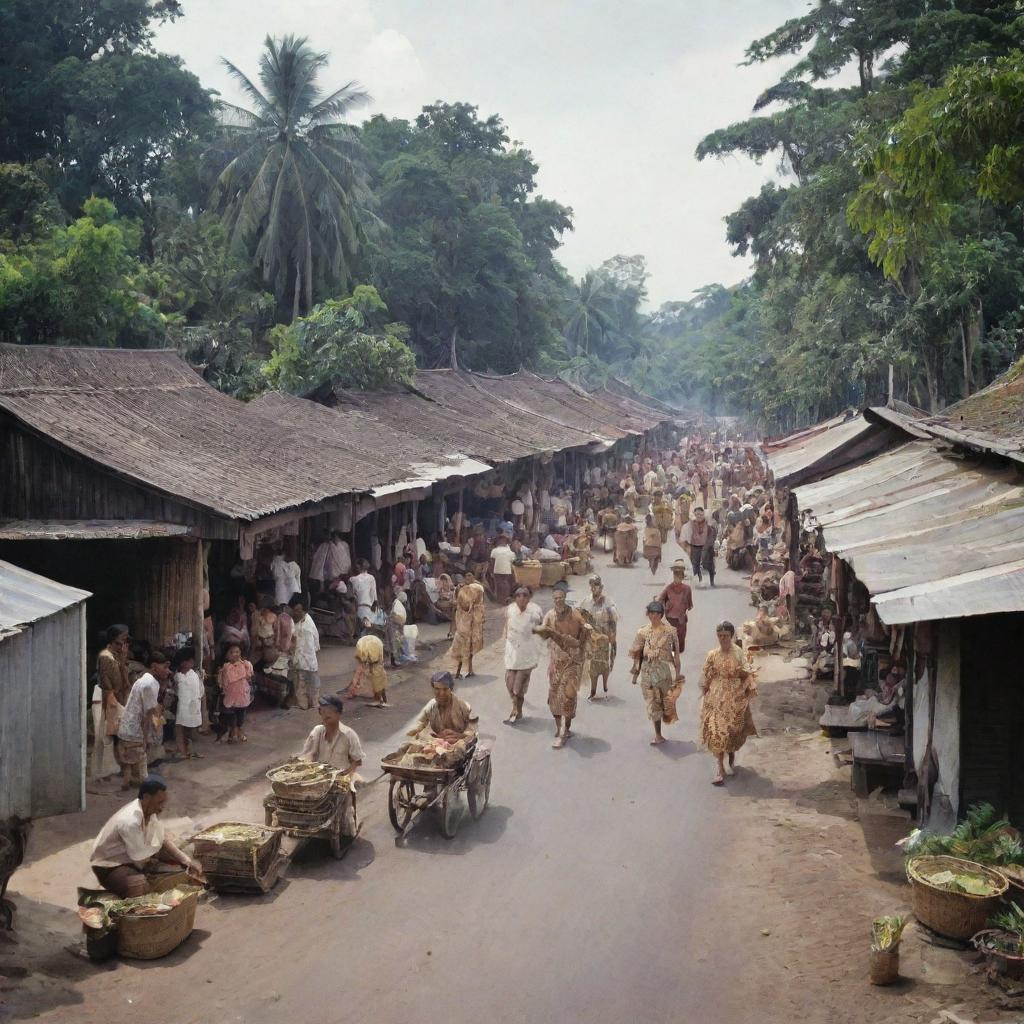 A bustling scene of Indonesia in 1945, capturing the cultural nuances and historical elements, people clad in traditional garb, rustic hawker stands, Dutch colonial architecture, amidst lush tropical backdrop.