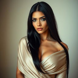 A stunning woman with long, glossy black hair and fair skin, elegantly wrapped in a soft, flowing fabric that reveals her graceful silhouette and a tasteful deep neckline