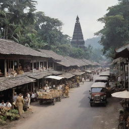 A bustling scene of Indonesia in 1945, capturing the cultural nuances and historical elements, people clad in traditional garb, rustic hawker stands, Dutch colonial architecture, amidst lush tropical backdrop.