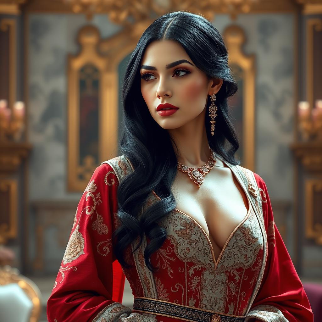 A regal woman with long, glossy black hair and fair skin, adorned in an elegant royal attire that beautifully emphasizes her figure, showcasing a tasteful deep neckline