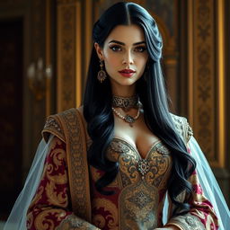 A regal woman with long, glossy black hair and fair skin, adorned in an elegant royal attire that beautifully emphasizes her figure, showcasing a tasteful deep neckline