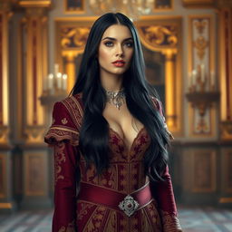 A regal woman with long, glossy black hair and fair skin, adorned in an elegant royal attire that beautifully emphasizes her figure, showcasing a tasteful deep neckline