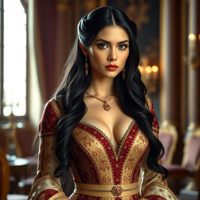 A regal woman with long, glossy black hair and fair skin, adorned in an elegant royal attire that beautifully emphasizes her figure, showcasing a tasteful deep neckline