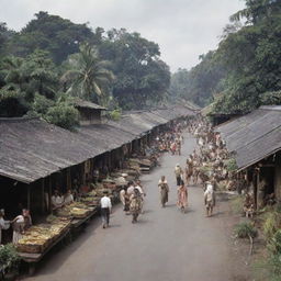 A bustling scene of Indonesia in 1945, capturing the cultural nuances and historical elements, people clad in traditional garb, rustic hawker stands, Dutch colonial architecture, amidst lush tropical backdrop.