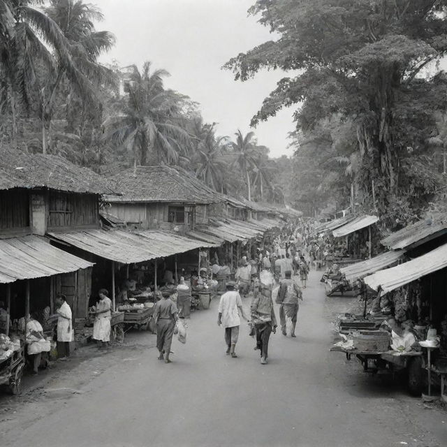 A bustling scene of Indonesia in 1945, capturing the cultural nuances and historical elements, people clad in traditional garb, rustic hawker stands, Dutch colonial architecture, amidst lush tropical backdrop.