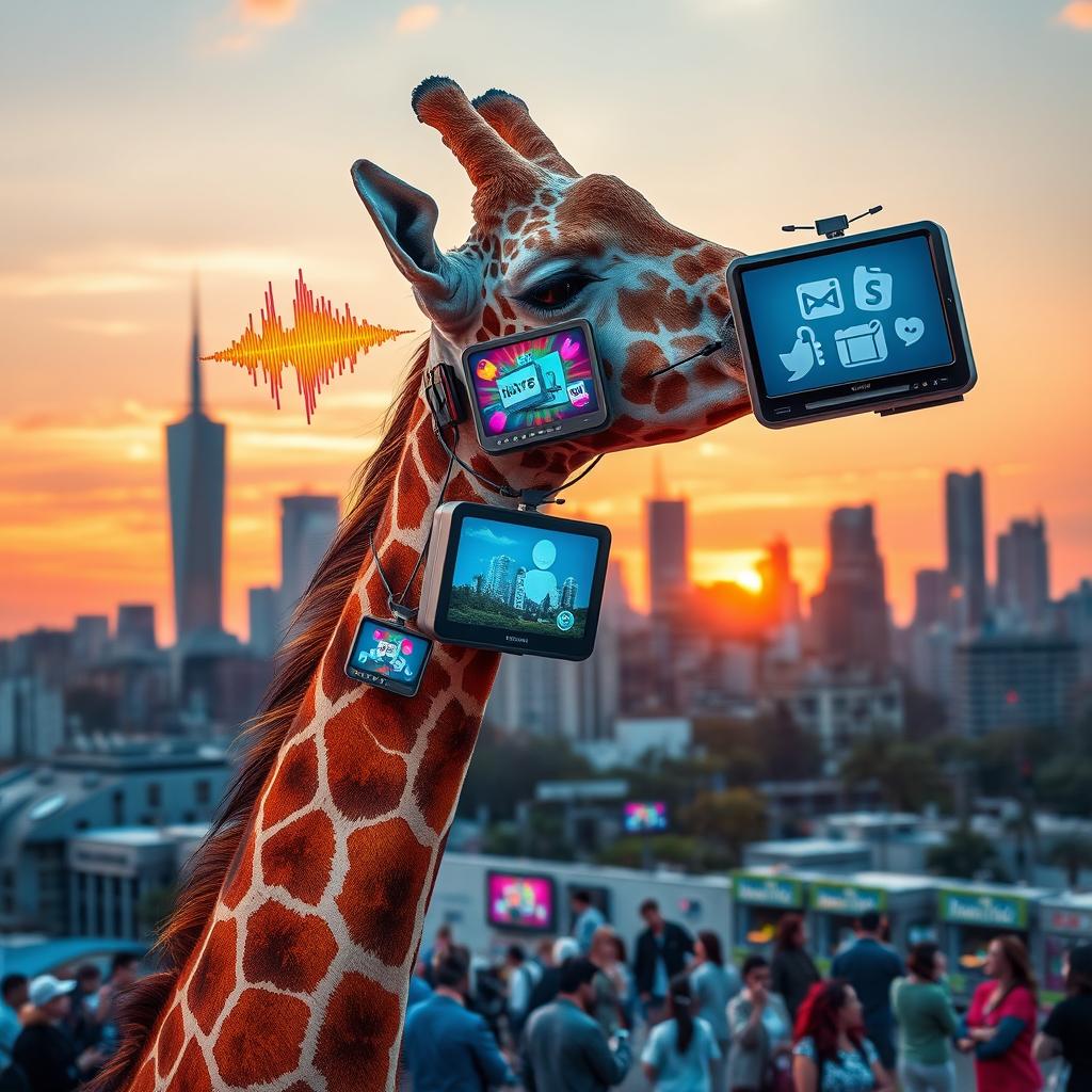 A media-themed giraffe, decorated with colorful soundwaves and television screens showcasing various media elements like film reels, newspapers, and social media icons