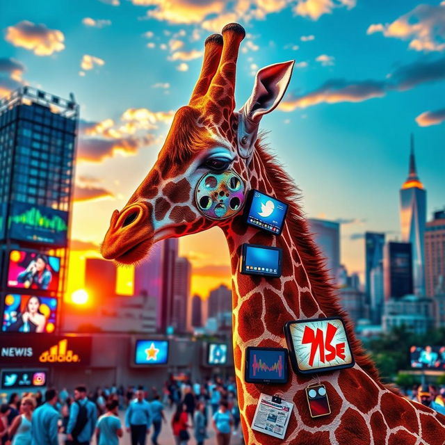 A media-themed giraffe, decorated with colorful soundwaves and television screens showcasing various media elements like film reels, newspapers, and social media icons