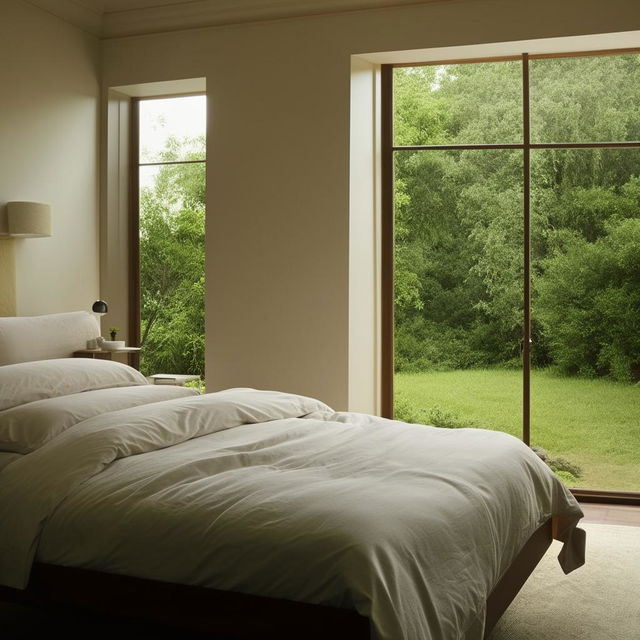 A cozy and well-lit bedroom with chic furniture, soft hues, and clean lines. The room features a plushy bed with expensive linen, a perched nightstand with ambient lamp, and a window pane overlooking the serene environment outside.