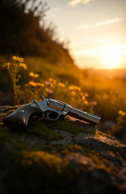 A serene, poetic scene capturing the juxtaposition of guns and sun, with a gentle golden sunset bathing the landscape in warm hues