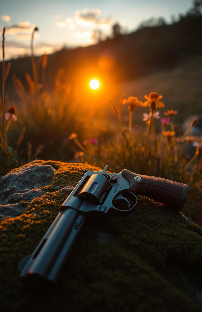 A serene, poetic scene capturing the juxtaposition of guns and sun, with a gentle golden sunset bathing the landscape in warm hues