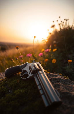 A serene, poetic scene capturing the juxtaposition of guns and sun, with a gentle golden sunset bathing the landscape in warm hues