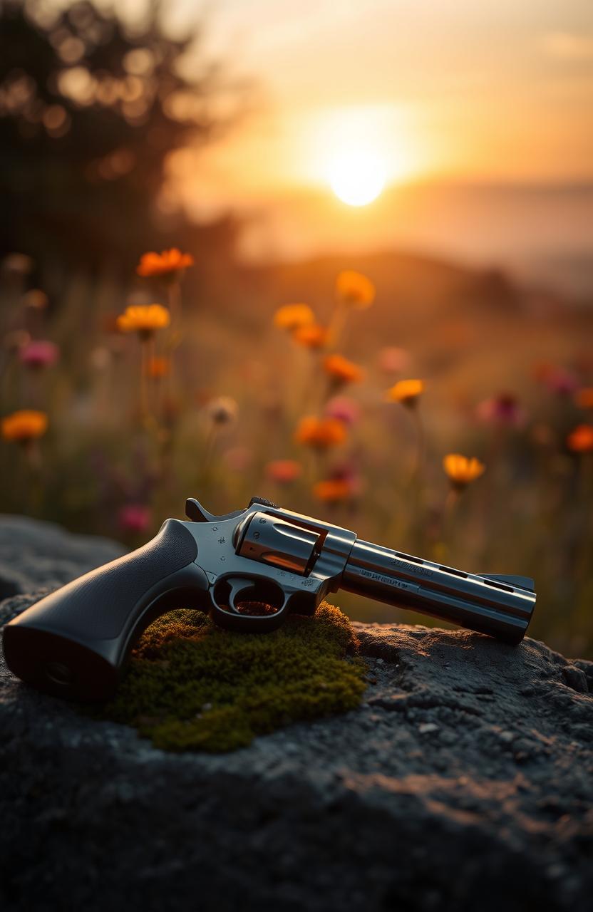 A serene, poetic scene capturing the juxtaposition of guns and sun, with a gentle golden sunset bathing the landscape in warm hues